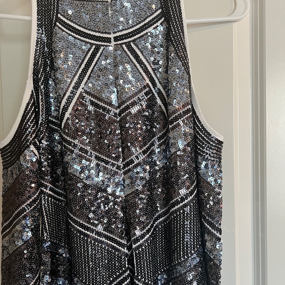 Art Deco Black & Silver Sequin Chevron Mini Dress - Picture 2 of 7
